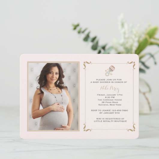 ピンクのラッセル音の写真のベビーシャワーの招待状 招待状 (スタンド正面)