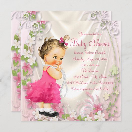 ピンクのラッフルドレスと真珠の女の子の赤ちゃんシャワー 招待状 (正面/裏面)