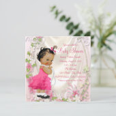 ピンクのラッフルドレス真珠エスニックガール赤ちゃんシャワー 招待状 (スタンド正面)