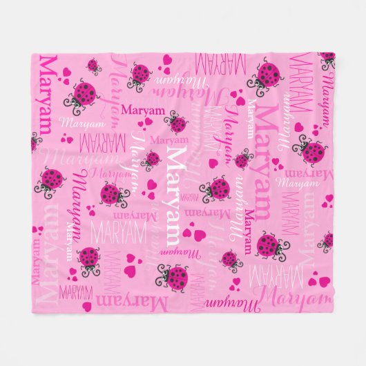 ピンクのラディバグとハートの女の子名前をカスタムする フリースブランケット (正面(横))