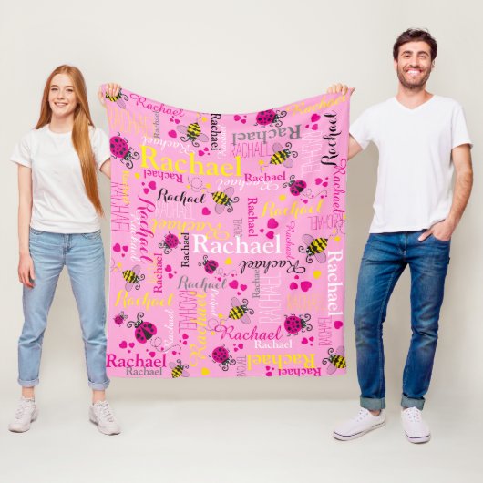 ピンクのラディバグの蜂とハート女の子名前をカスタムする フリースブランケット (インサイチュ)