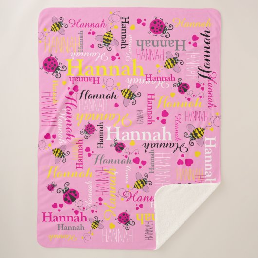 ピンクのラディバグ蜂ハート女の子名前をカスタムする シェルパブランケット (正面)