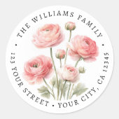 ピンクのラヌンキュラス絵を描花の差出人住所 ラウンドシール (正面)