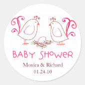 ピンクのラブバードとネストベビーシャワーメッセージカード ラウンドシール (正面)