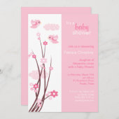 ピンクのラブバードと春の花のベビーシャワー 招待状 (正面/裏面)