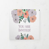 ピンクのラベンダーと恋のミントグリーンの花のウェディング 三つ折り招待状 (カバー)