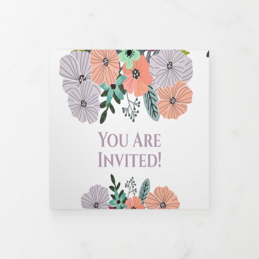 ピンクのラベンダーと恋のミントグリーンの花の結婚式 三つ折り招待状 (カバー)