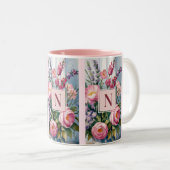 ピンクのラベンダーの花モダン水色 ツートーンマグカップ (正面右)