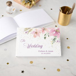 ピンクのラベンダーウォーターカラー結婚フローラ ゲストブック