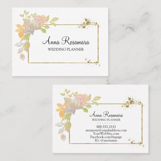 *~*ピンクのラベンダーエレガントウオーターカラー金ゴールド花 名刺 (正面/裏面)