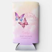 ピンクのラベンダーバタフライベビーシャワー スリム缶クーラー (正面)