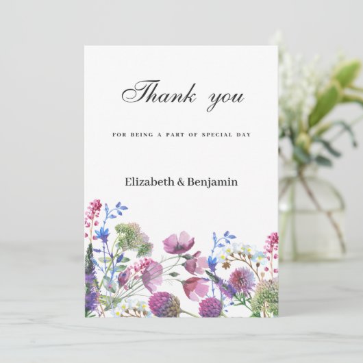 ピンクのラベンダーパープルワイルドフラワー夏ありがとう 招待状 (スタンド正面)