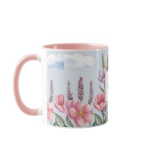 ピンクのラベンダーフラワーピンクOモノグラムコンボマグカップ