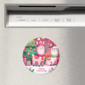 ピンクのラマのクリスマス マグネット (インサイチュ (食洗機))