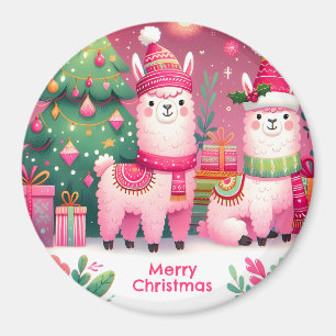 ピンクのラマのクリスマス マグネット