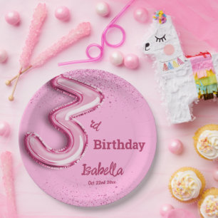 ピンクのラメが可愛いバルーン3歳の誕生日 ペーパープレート