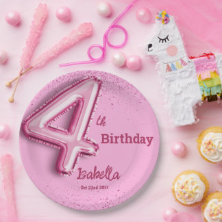ピンクのラメが可愛い風船4のガーリーな4歳の誕生日 ペーパープレート
