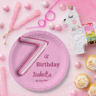 ピンクのラメが可愛い7歳の誕生日バルーン ペーパープレート