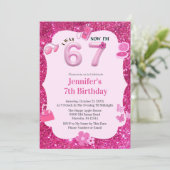 ピンクのラメが可愛い7歳の誕生日 6歳から7歳へ 招待状 (スタンド正面)