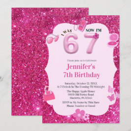 ピンクのラメが可愛い7歳の誕生日　6歳から7歳へ 招待状