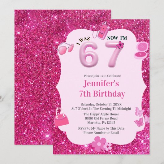 ピンクのラメが可愛い7歳の誕生日 6歳から7歳へ 招待状 (正面/裏面)