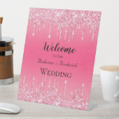 ピンクのラメが滴る個性的な結婚式ウェルカムボード 台座サイン (インサイチュ)