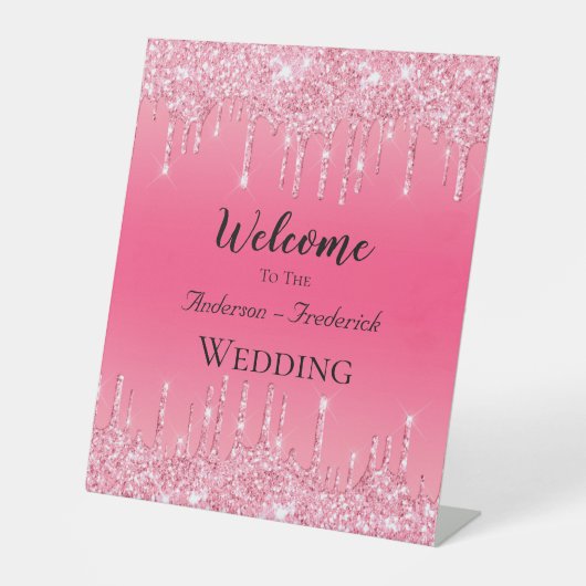 ピンクのラメが滴る個性的な結婚式ウェルカムボード 台座サイン (正面)