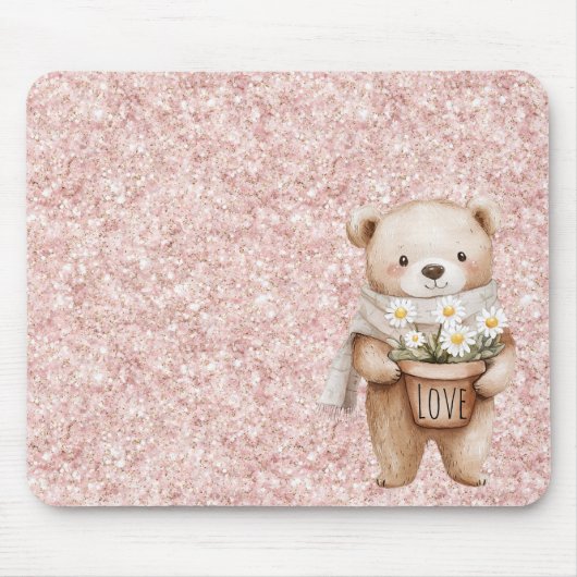 ピンクのラメが輝くスイートベアとデイジーの花 マウスパッド (正面)