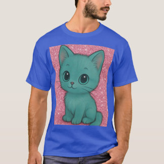 ピンクのラメのシームレスな模様の上のアクアブルーの猫 セシウム Tシャツ