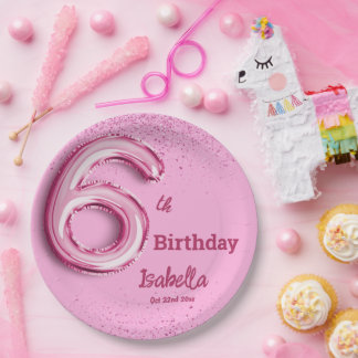 ピンクのラメ入りキュートな風船6の女の子向け6歳の誕生日  ペーパープレート