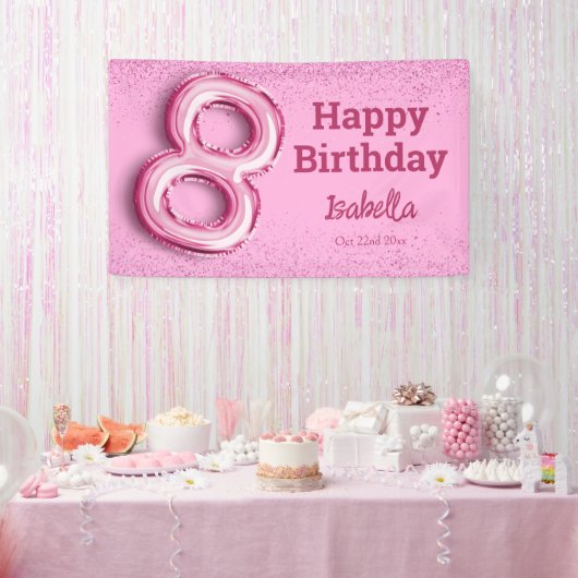 ピンクのラメ入りキュートな風船8番 女の子らしい8歳の誕生日 横断幕 (パーティー)