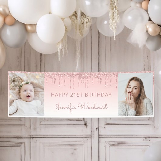 ピンクのラメ垂れ縁 21歳の誕生日 2枚の写真入り 横断幕