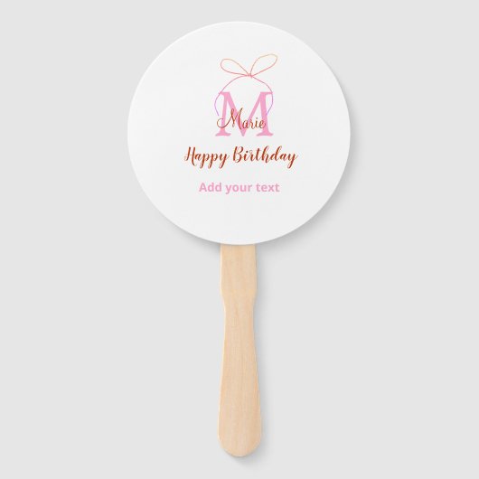 ピンクのラメ リボン 名前 モノグラム 誕生日 ハンドファン (正面)