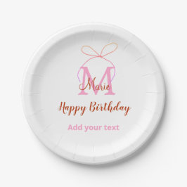 ピンクのラメ リボン 名前 名前入れ モノグラム 誕生日 ペーパープレート