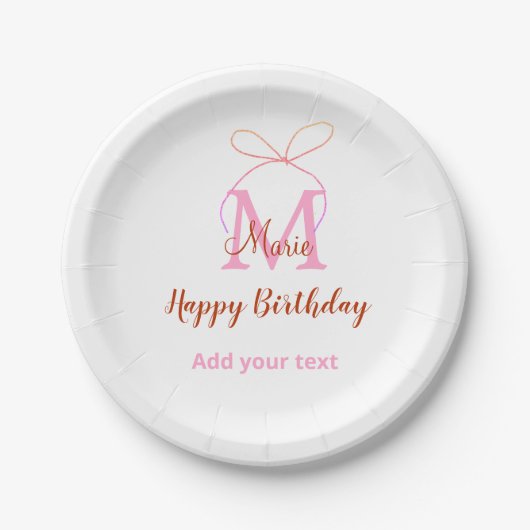 ピンクのラメ リボン 名前 名前入れ モノグラム 誕生日 ペーパープレート (正面)