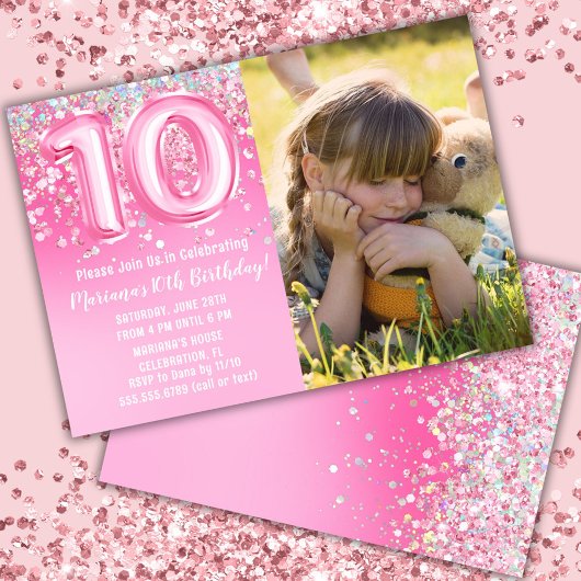 ピンクのラメ 10歳の誕生日 招待状