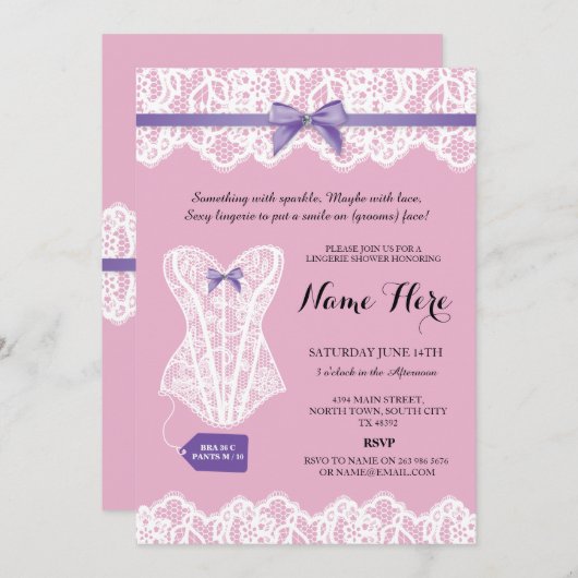 ピンクのランジェリーのシャワーの花嫁の紫色のコルセットの招待 招待状 (正面/裏面)