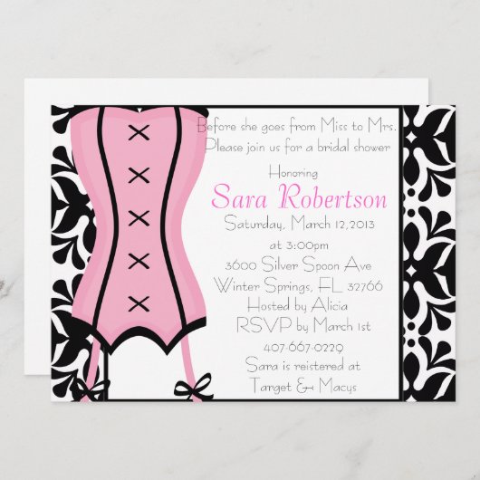 ピンクのランジェリーのブライダルシャワーInivitation 招待状 (正面/裏面)