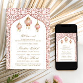 ピンクのランタンが優しく光るローズゴールドのムスリムウェディング 招待状