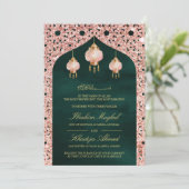 ピンクのランタン エメラルドグリーン ローズゴールド ムスリム ウェディング 招待状 (スタンド正面)