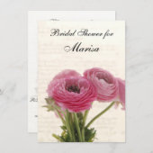 ピンクのランヌカルスの花をスクリプトブライダルシャワー 招待状 (正面/裏面)