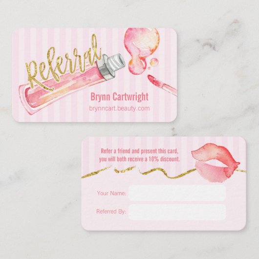 ピンクのリップグロスとストライプが紹介カードを構成 紹介カード (正面/裏面)