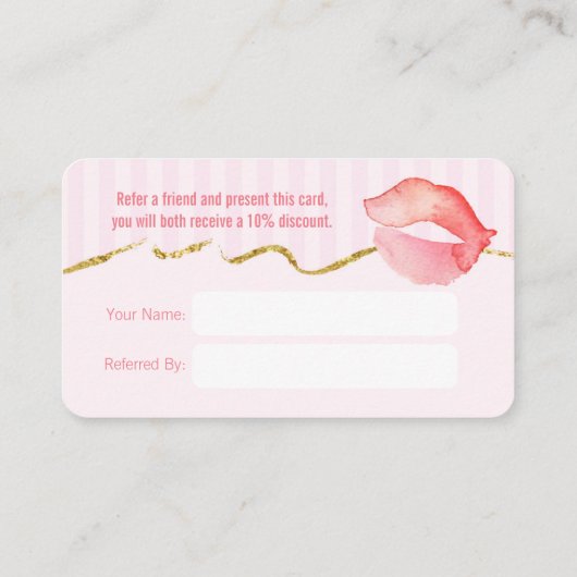 ピンクのリップグロスとストライプが紹介カードを構成 紹介カード (裏面)