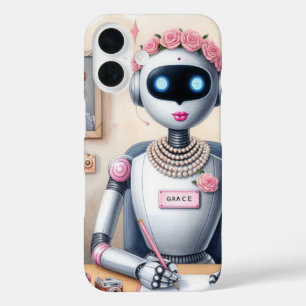 ピンクのリップグロスを塗ったグレイスAIロボットのかわいいテクノロジーグッズ iPhone 16ケース