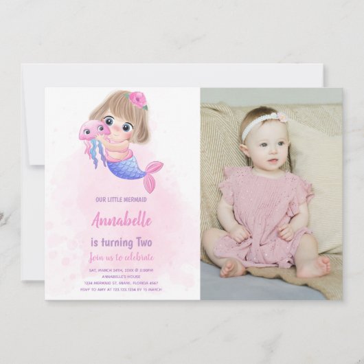 ピンクのリトルマーメイド誕生日招待状と写真 招待状 (正面)