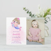 ピンクのリトルマーメイド誕生日招待状と写真 招待状 (スタンド正面)