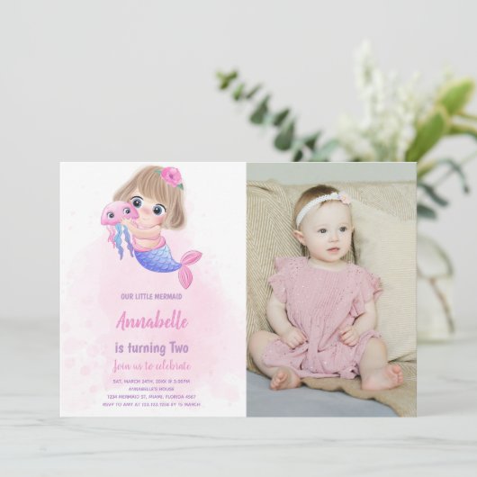 ピンクのリトルマーメイド誕生日招待状と写真 招待状 (スタンド正面)