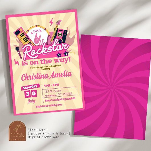 ピンクのリトルロックスターガールベビーシャワー 招待状