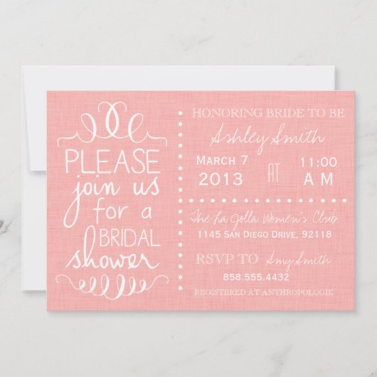 ピンクのリネン ブライダルシャワーの招待状 招待状 (正面)