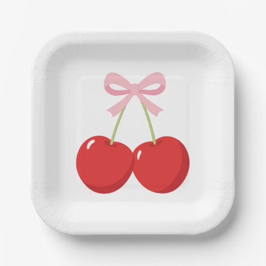 ピンクのリボンが付いたさくらんぼのかわいいコケット バースデーパーティー ペーパープレート (正面)